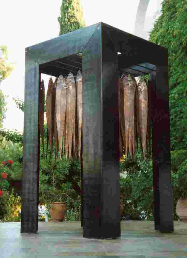 Hanging metallic fish installation