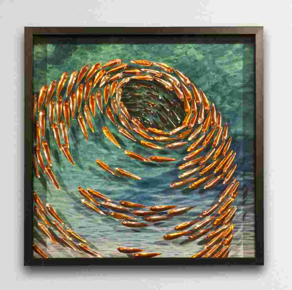 Three-dimensional wall sculpture, school of fish theme, with layers of plexiglass, aluminum frame and swirling copper fish.