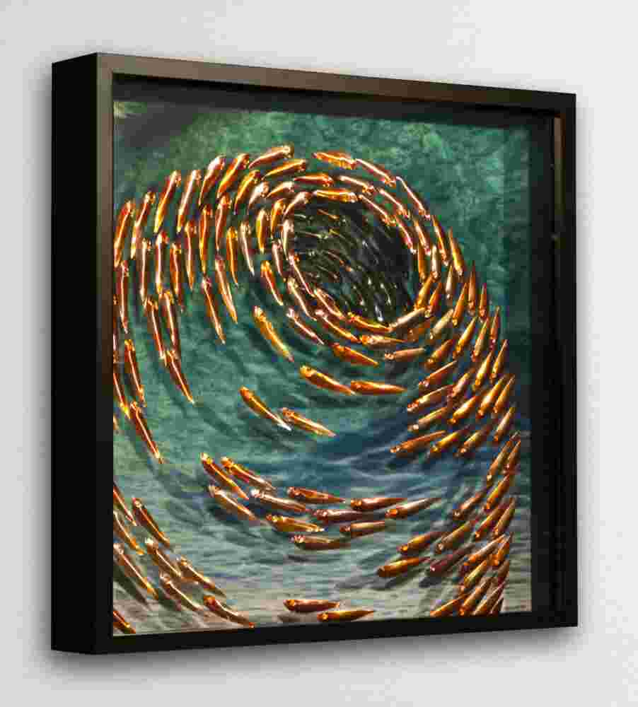 Three-dimensional wall sculpture, school of fish theme, with layers of plexiglass, aluminum frame and swirling copper fish.