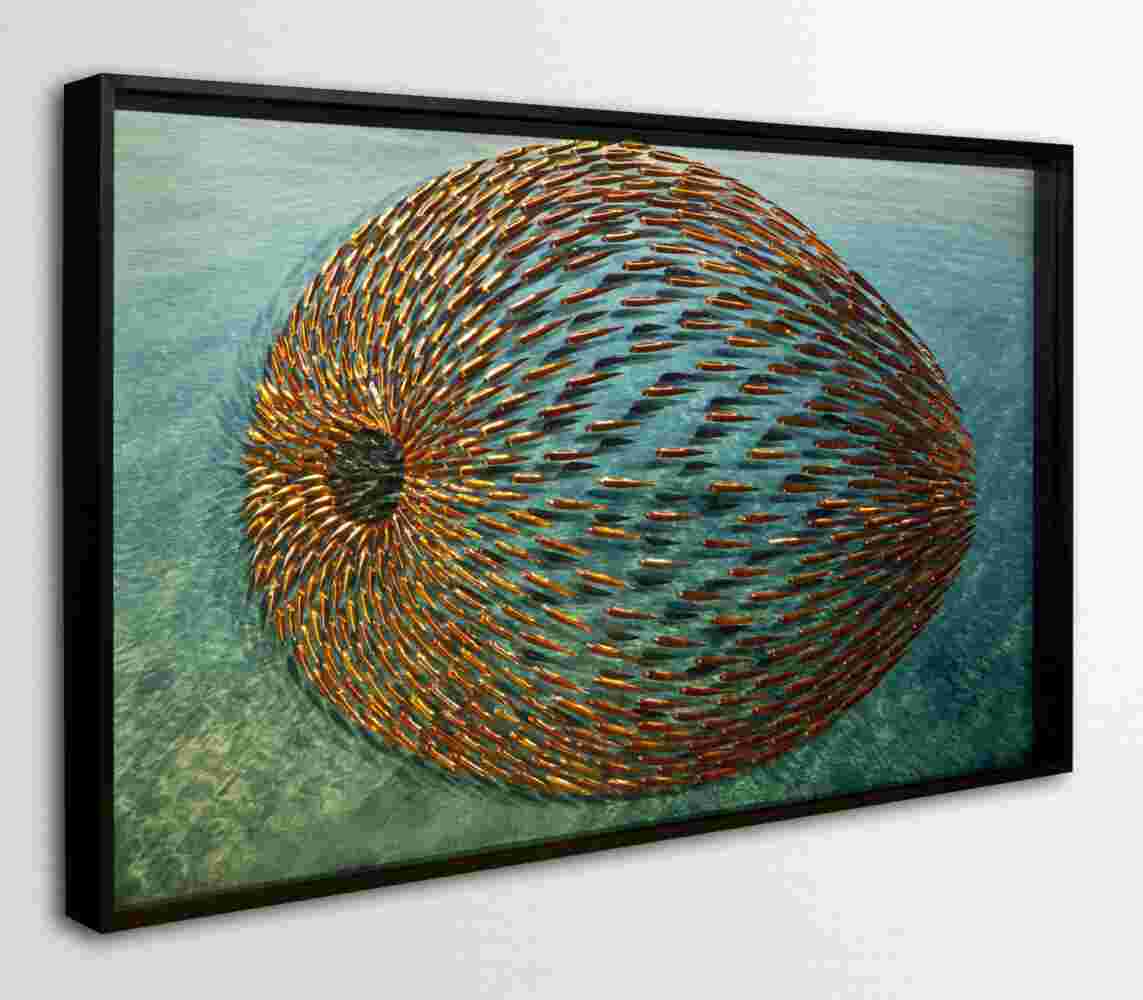 Three-dimensional wall sculpture, school of fish theme, with layers of plexiglass, aluminum frame and spherical copper fish.