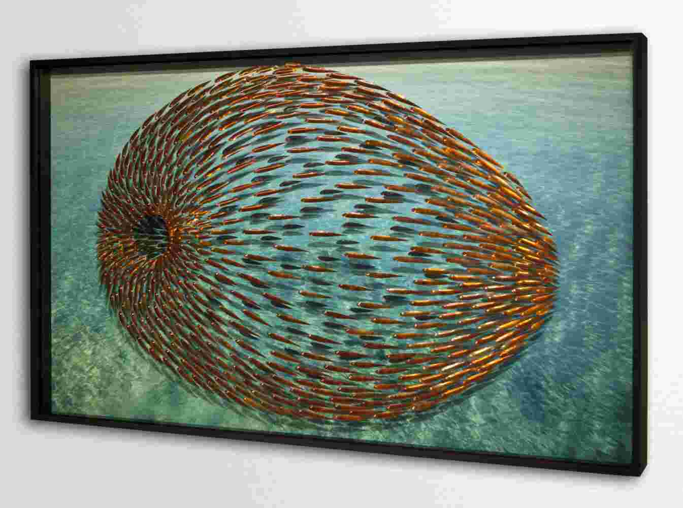 Three-dimensional wall sculpture, school of fish theme, with layers of plexiglass, aluminum frame and spherical copper fish.
