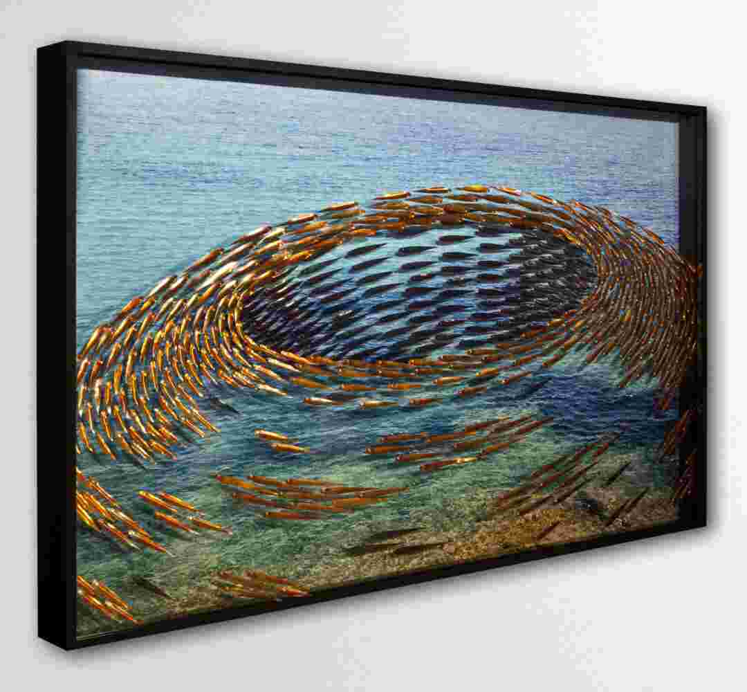 Three-dimensional wall sculpture, school of fish theme, with layers of plexiglass, aluminum frame and swirling copper fish.