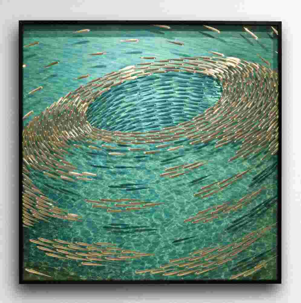 Three-dimensional wall sculpture, school of fish theme, with layers of plexiglass, aluminum frame and a swirl of aluminum fish.