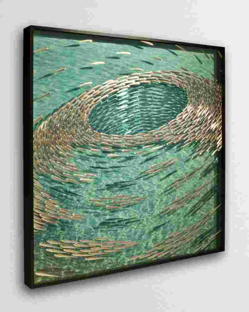 Three-dimensional wall sculpture, school of fish theme, with layers of plexiglass, aluminum frame and a swirl of aluminum fish.