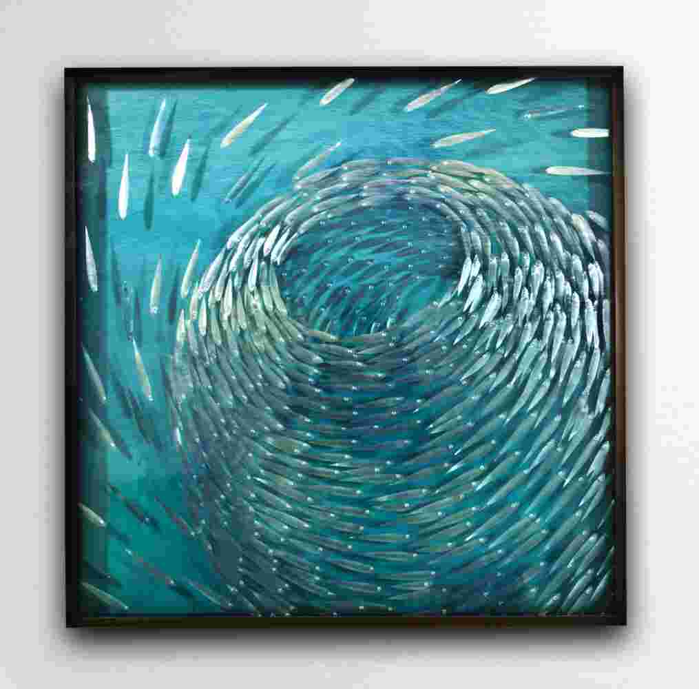 Three-dimensional wall sculpture, school of fish theme, with layers of plexiglass, aluminum frame and spherical aluminum and copper fish.