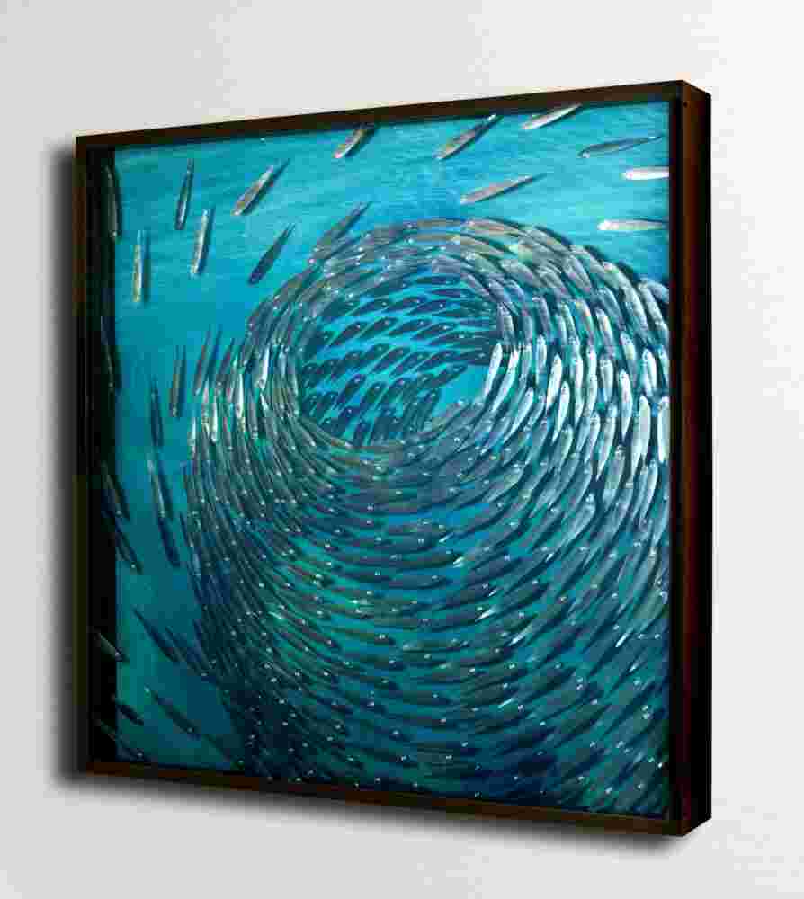 Three-dimensional wall sculpture, school of fish theme, with layers of plexiglass, aluminum frame and spherical aluminum and copper fish.