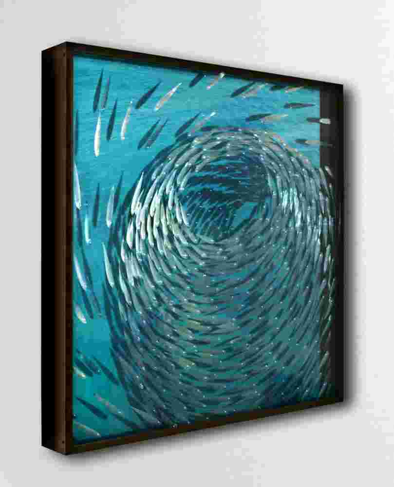 Three-dimensional wall sculpture, school of fish theme, with layers of plexiglass, aluminum frame and spherical aluminum and copper fish.