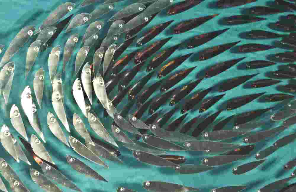 Three-dimensional wall sculpture, school of fish theme, with layers of plexiglass, aluminum frame and swirling metal fish.