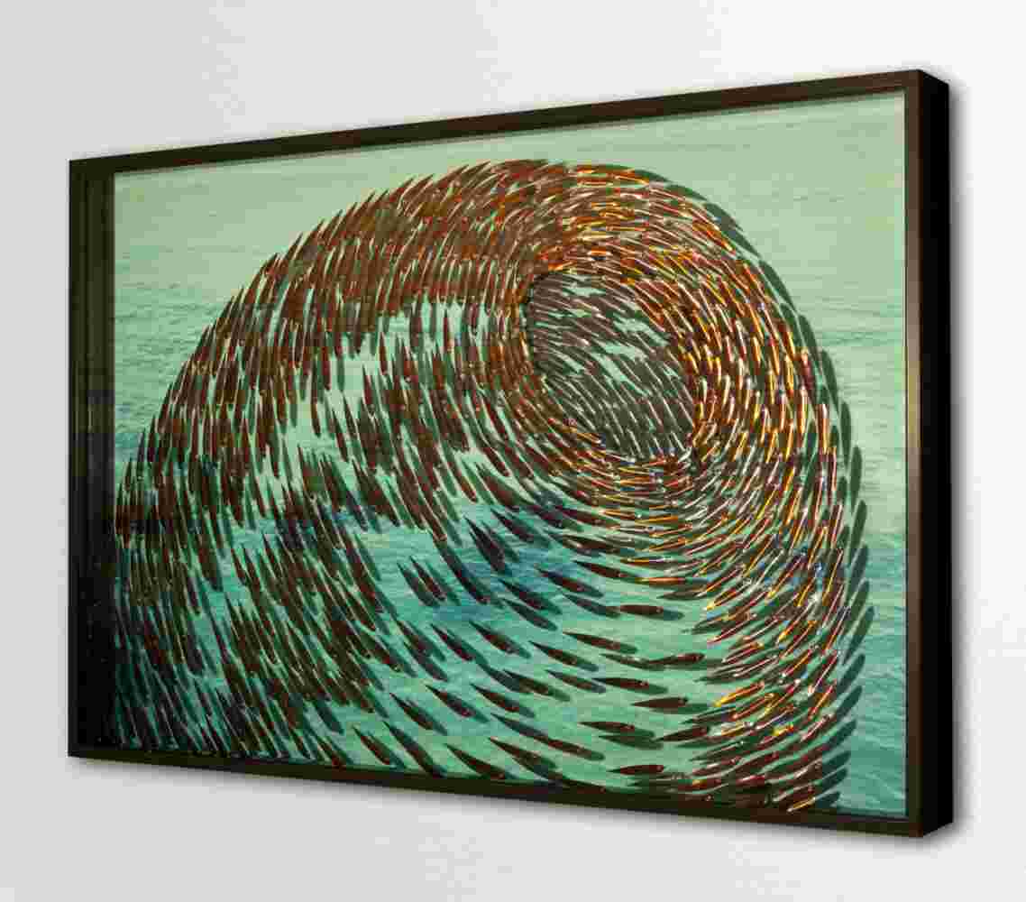 Three-dimensional wall sculpture, school of fish theme, with layers of plexiglass, aluminum frame and swirling copper fish.