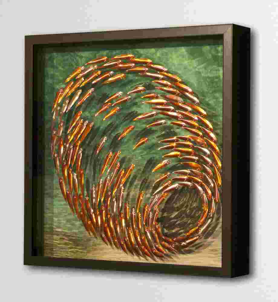 Three-dimensional wall sculpture, school of fish theme, with layers of plexiglass, aluminum frame and spherical copper fish.