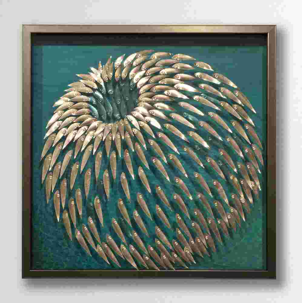 Three-dimensional wall sculpture, school of fish theme, with layers of plexiglass, aluminum frame and spherical aluminum fish.
