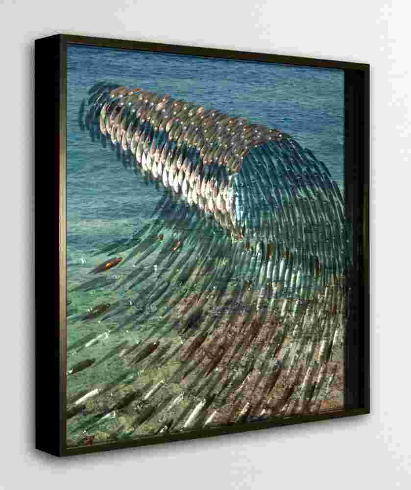 Three-dimensional wall sculpture, school of fish theme, with layers of plexiglass, aluminum frame and wave of aluminum and copper fish.