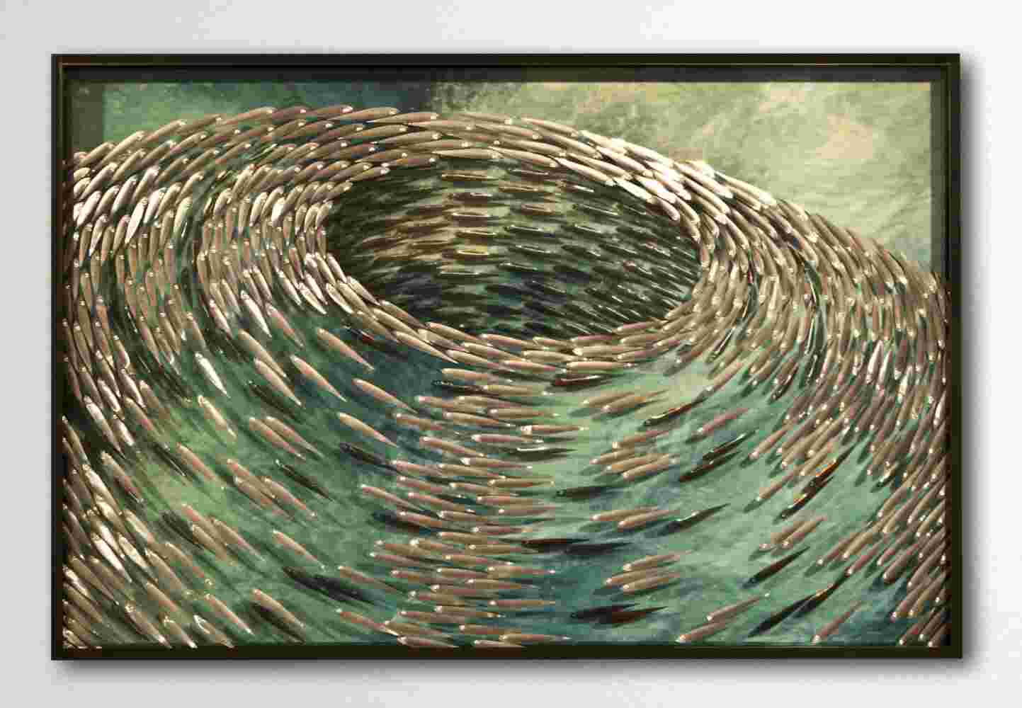 Three-dimensional wall sculpture, school of fish theme, with layers of plexiglass, aluminum frame and swirling aluminum and copper fish.