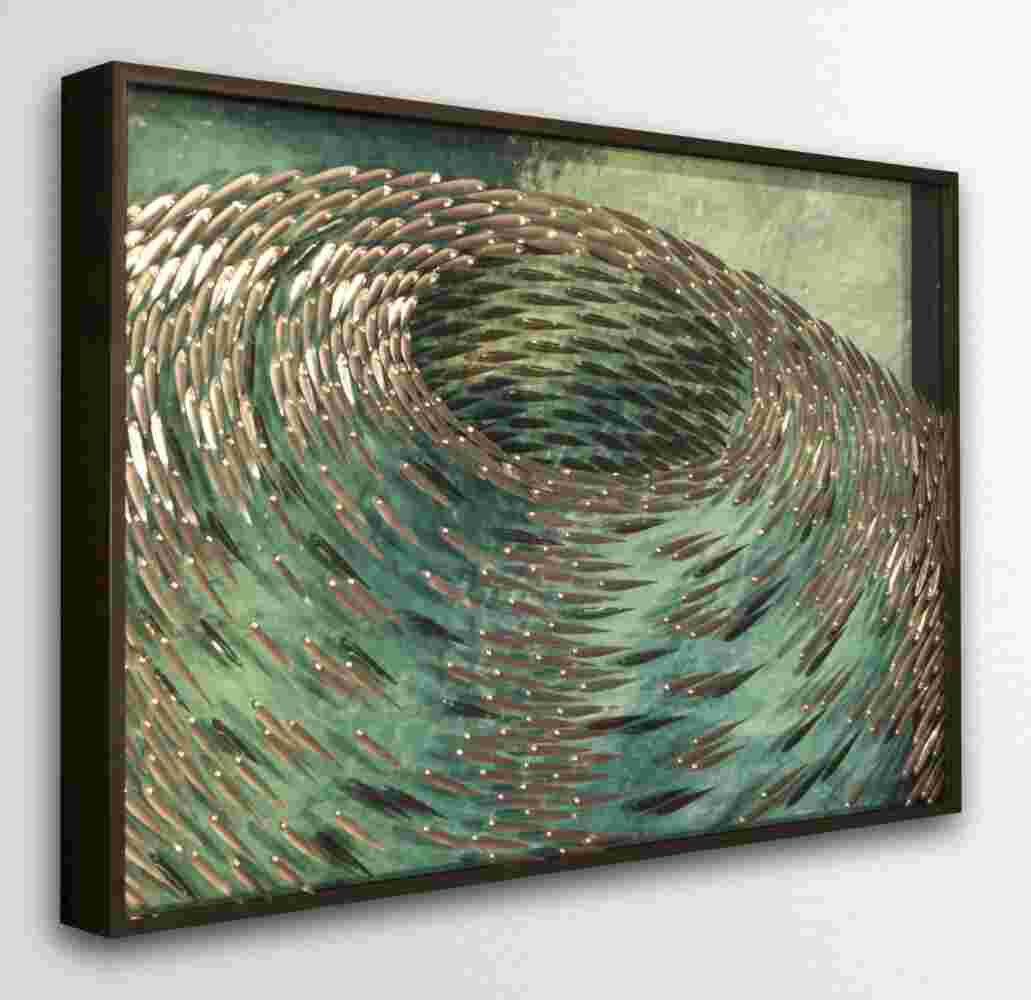 Three-dimensional wall sculpture, school of fish theme, with layers of plexiglass, aluminum frame and a wave of aluminum fish.