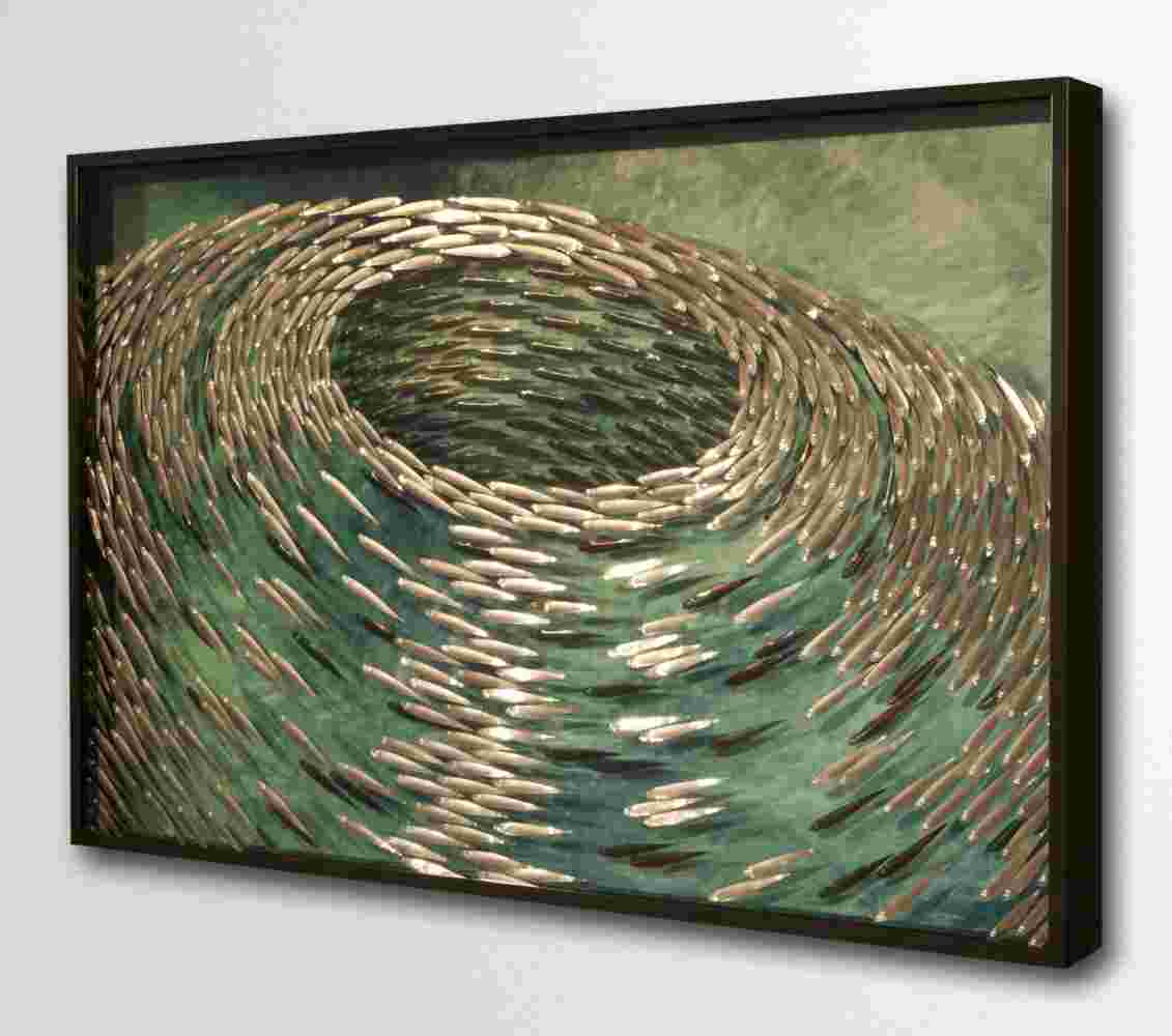 Three-dimensional wall sculpture, school of fish theme, with layers of plexiglass, aluminum frame and a wave of aluminum fish.