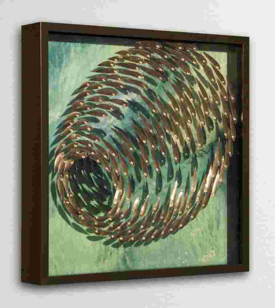Three-dimensional wall sculpture, school of fish theme, with layers of plexiglass, aluminum frame and spherical aluminum and copper fish.
