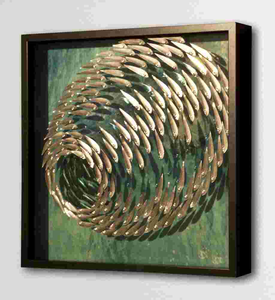 Three-dimensional wall sculpture, school of fish theme, with layers of plexiglass, aluminum frame and spherical aluminum and copper fish.