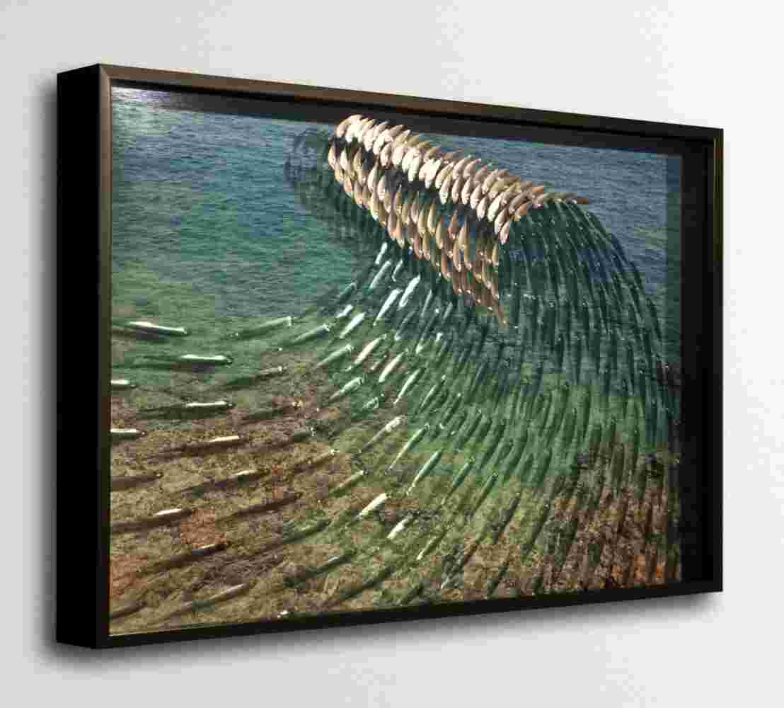 Three-dimensional wall sculpture, school of fish theme, with layers of plexiglass, aluminum frame and a wave of aluminum and copper fish.