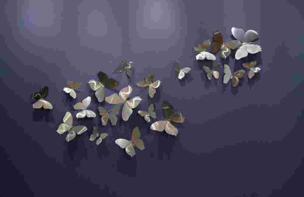 Wall installation made of 20 pieces of different size stainless-steel butterflies.
