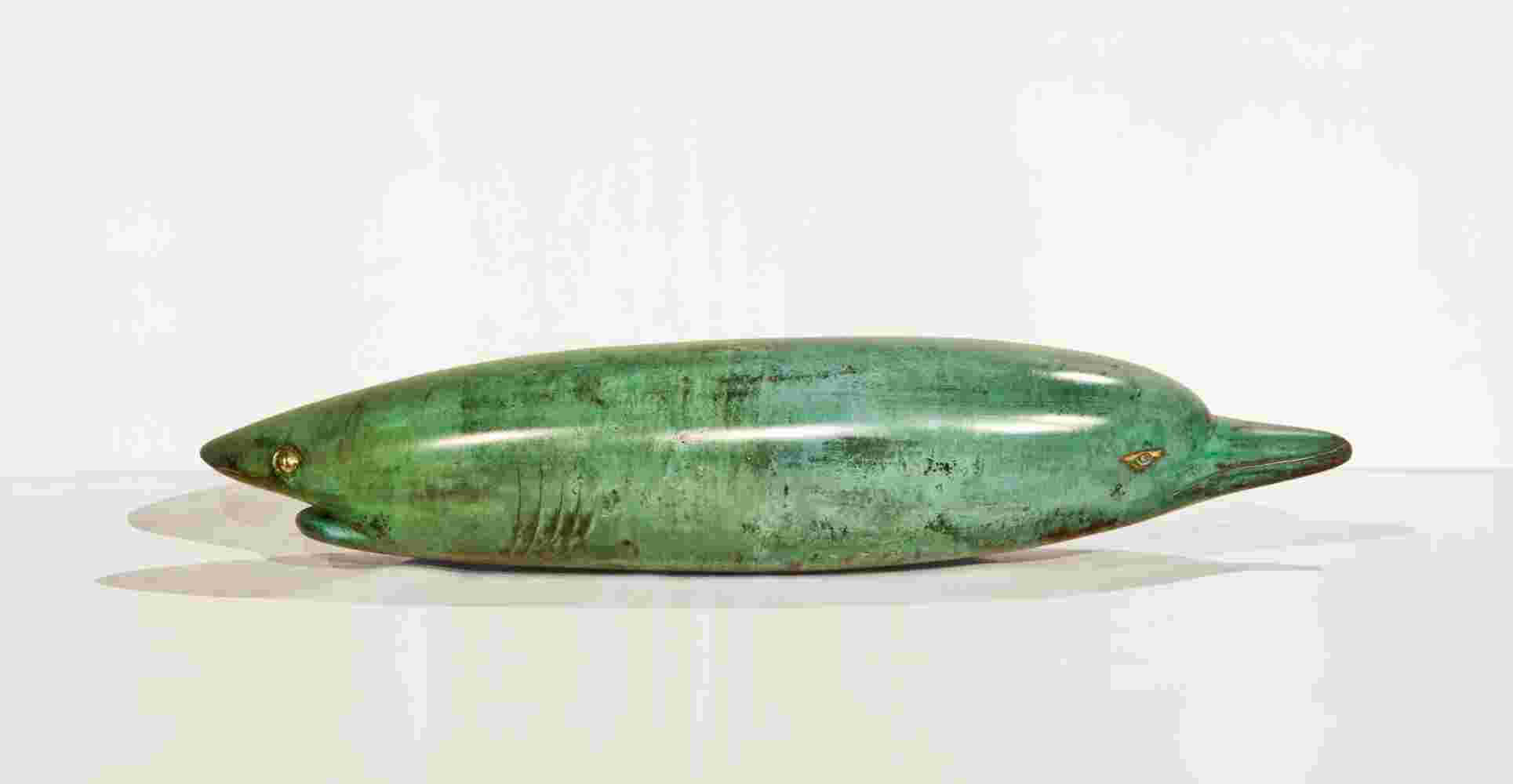 Surrealistic bronze green patina sculpture, half dolphin, half shark