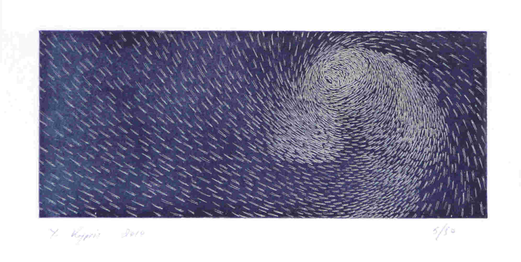 School of fish on dark blue background etching, ink on paper