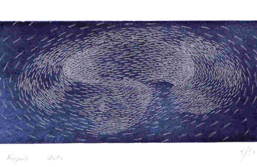 Shoal of fish vortex on blue background etching, ink on paper
