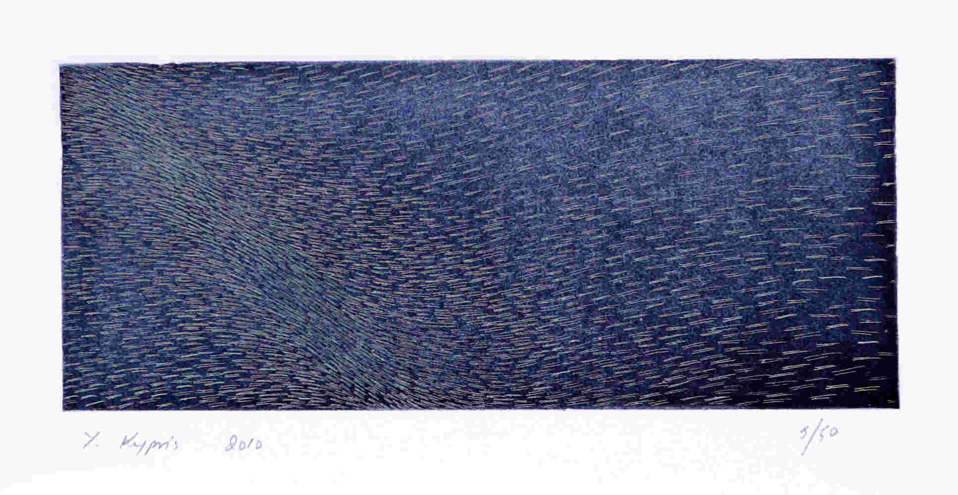 Shoal of fish on dark blue background etching, ink on paper