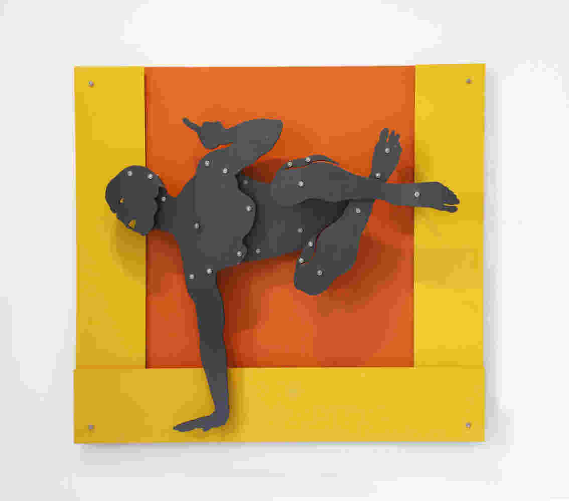 Athletic person wall sculpture. Made with yellow and orange steel.