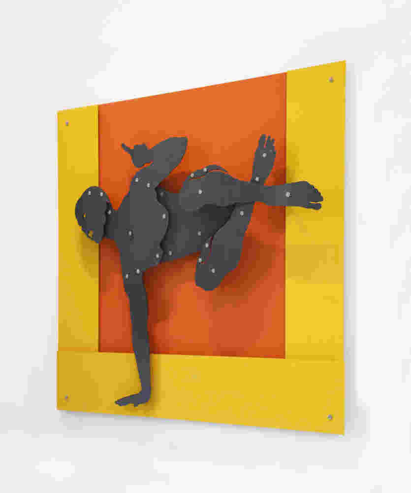 Athletic person wall sculpture. Made with yellow and orange steel.