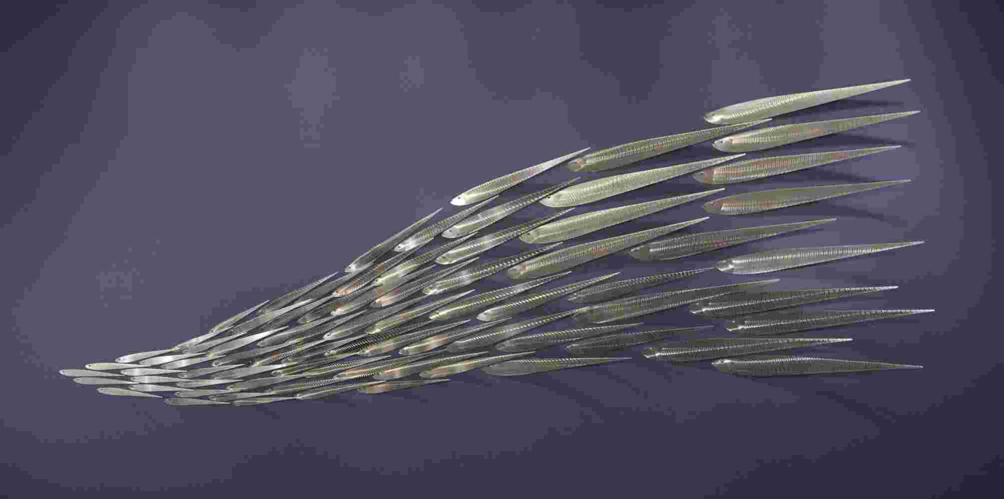 Wall installation of flowing stainless steel school of fish