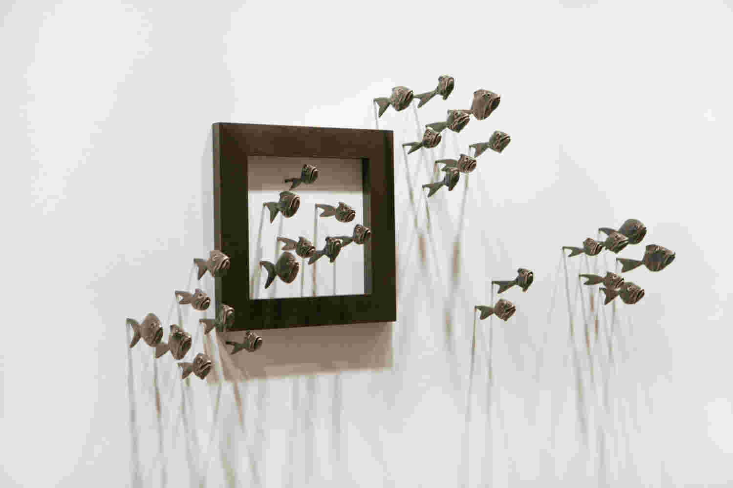 Wall installation of an explosion of fish made of cast bronze and a wooden frame.