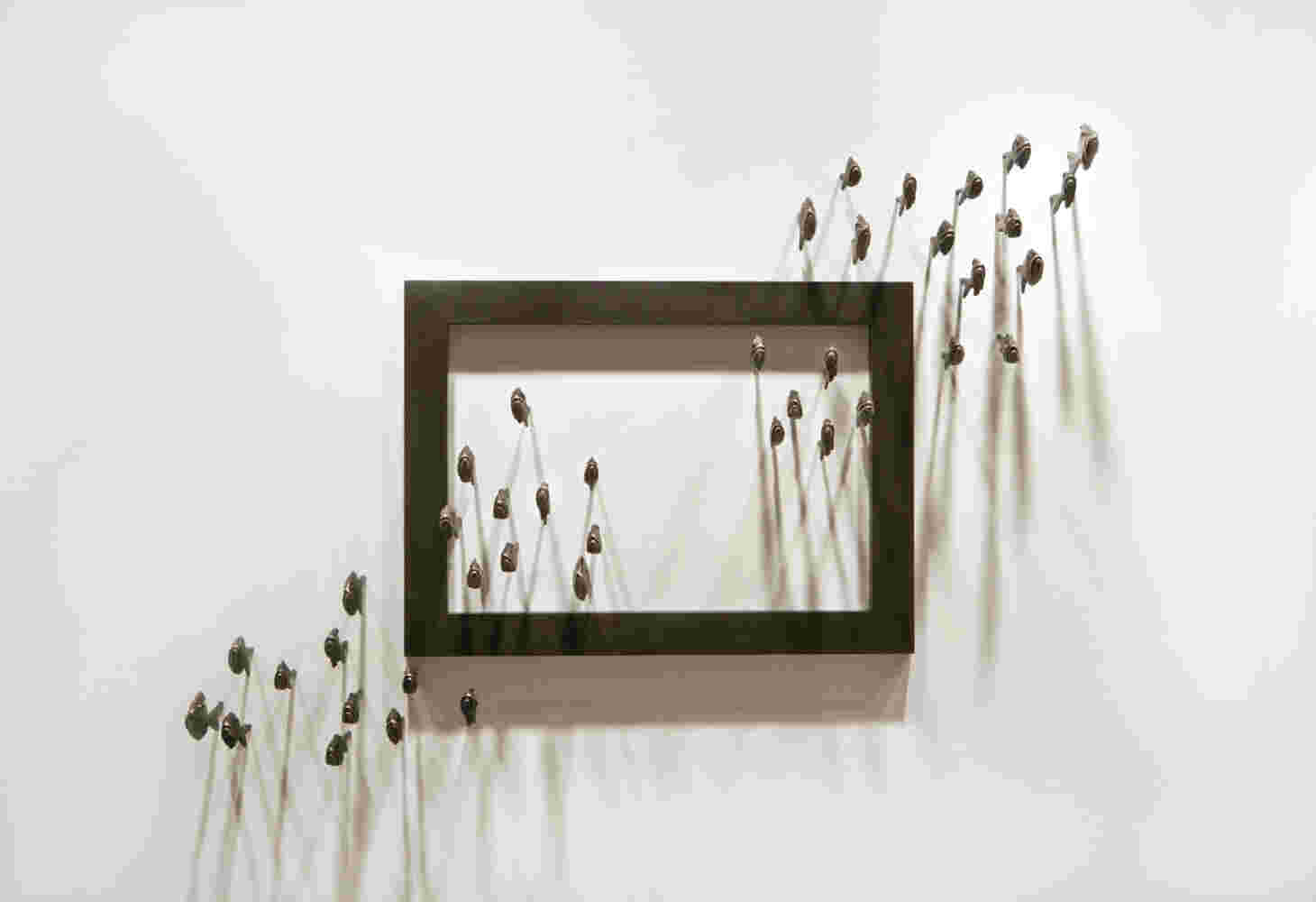 Wall installation of an explosion of fish made of cast bronze and a wooden frame.