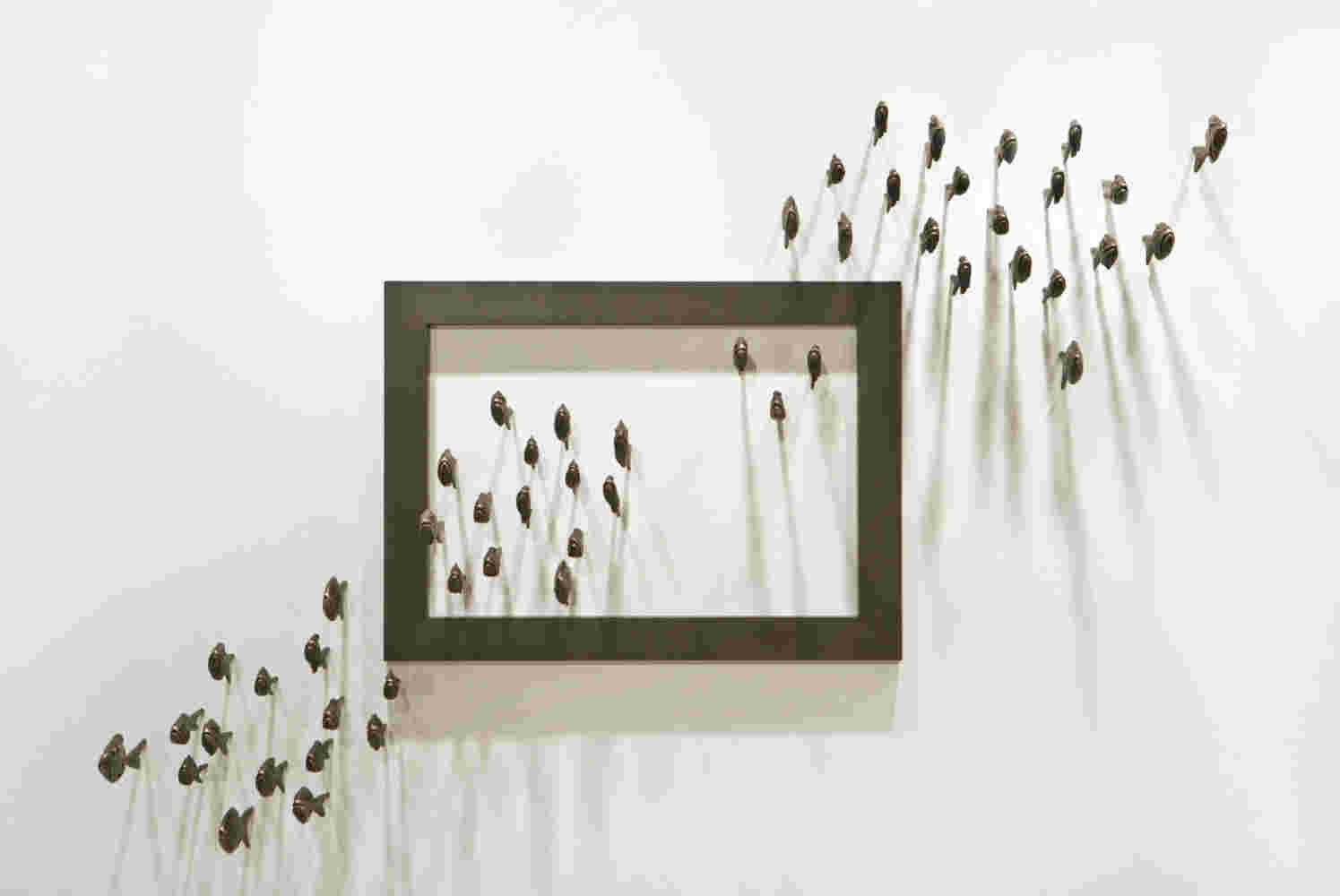 Wall installation of an explosion of fish made of cast bronze and a wooden frame.