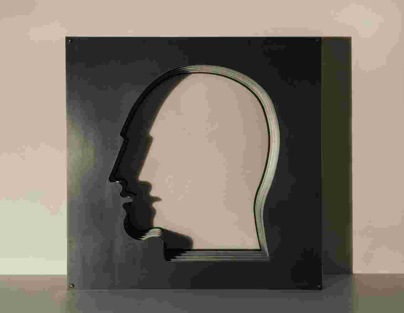 Multiple layers of bronze and stainless steel sculpture of a face cut out