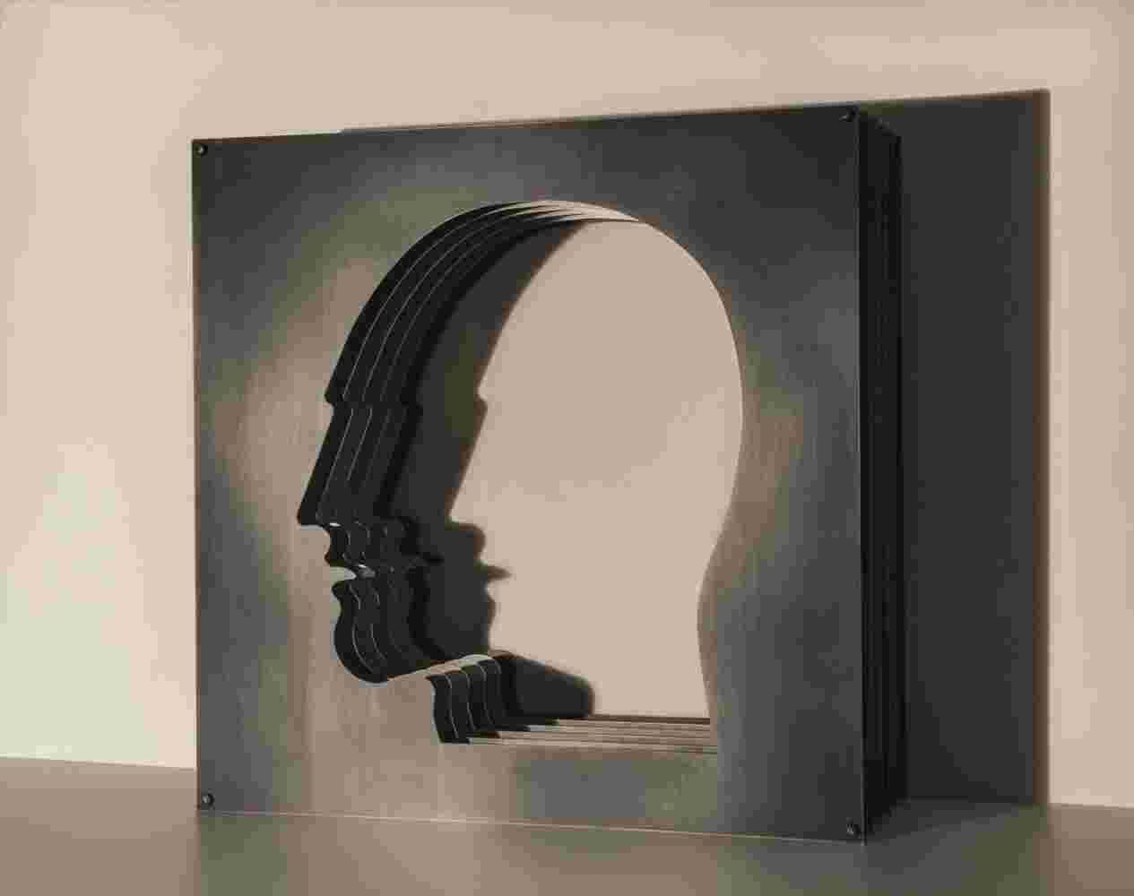 Multiple layers of bronze and stainless steel sculpture of a face cut out