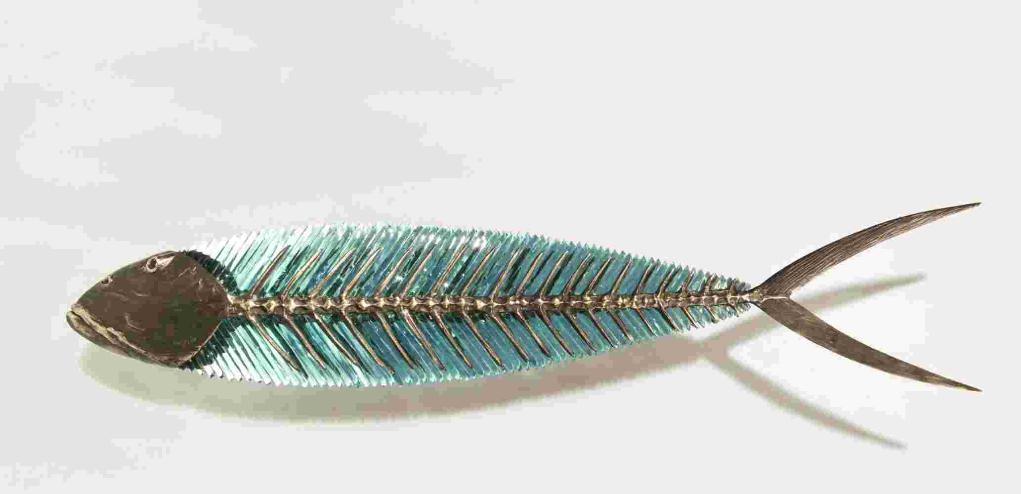 Hand cut glass and bronze wall sculpture of a fish