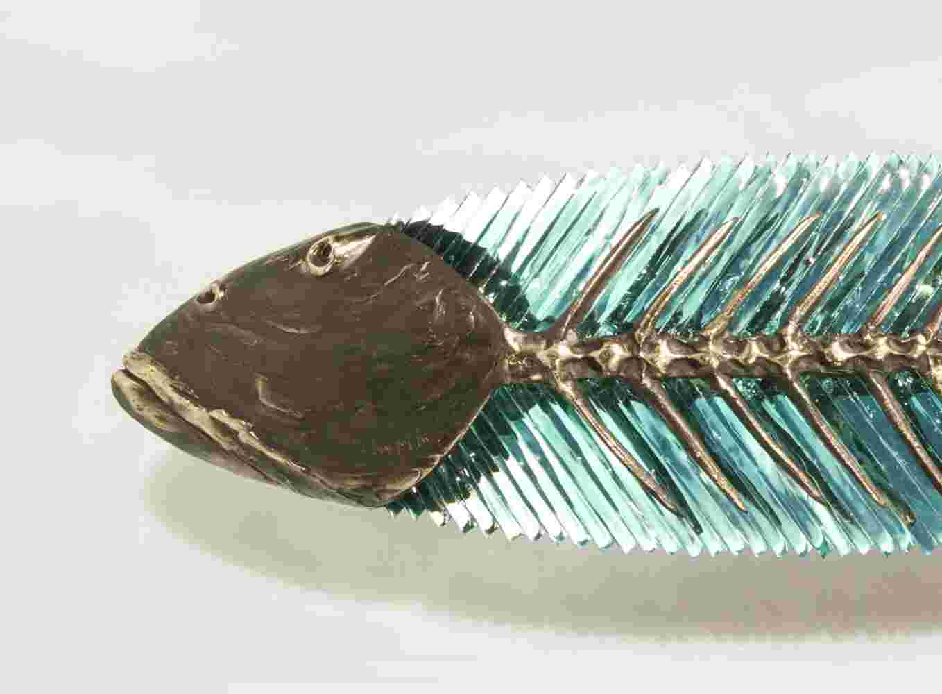 Hand cut glass and bronze wall sculpture of a fish
