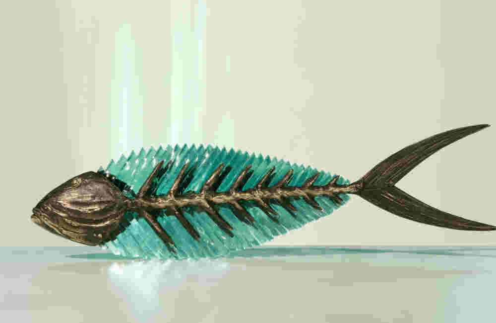 FGS 222 Cast bronze & glass sculpture of a fish. “Frozen Fish”.