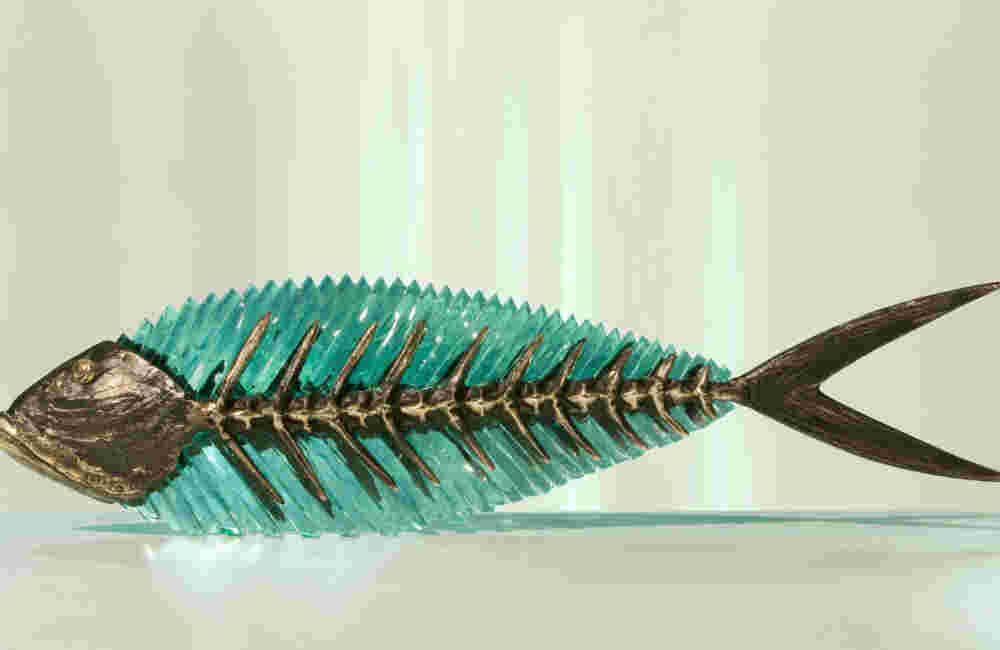 FGS 223 Cast bronze & glass sculpture of a fish. “Frozen Fish”.