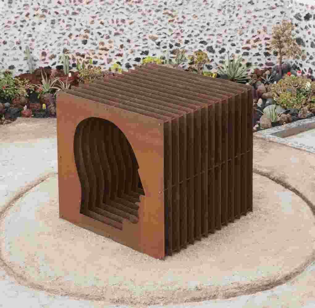 Large-scale exterior art installation – layered face cut-out made from steel.