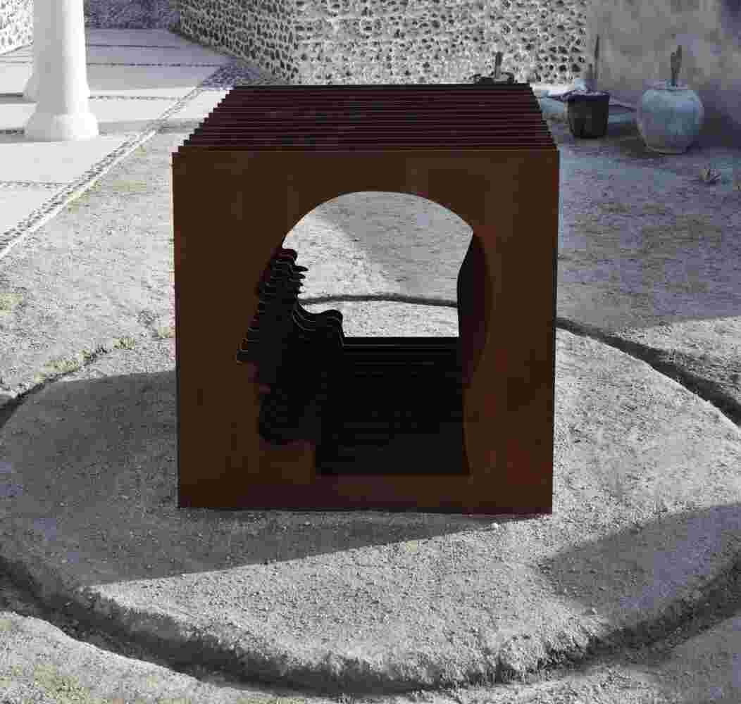 Large-scale exterior art installation – layered face cut-out made from steel.