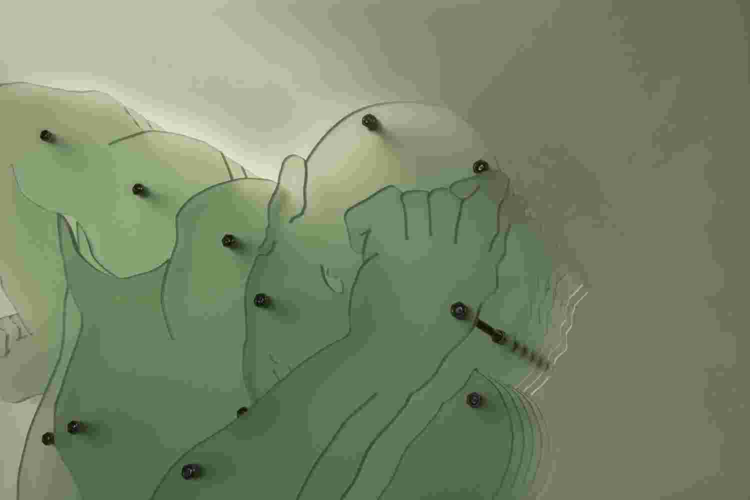 Plexiglass sculpture of a man with multi layers of plexiglass. Thinkers pose.