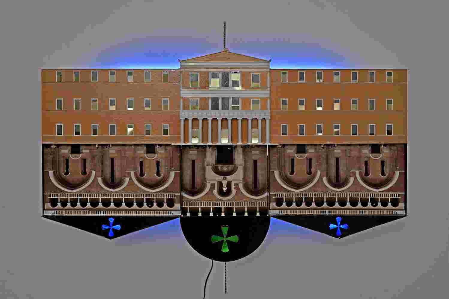 Mixed wall sculpture of the Greek parliament and church being 