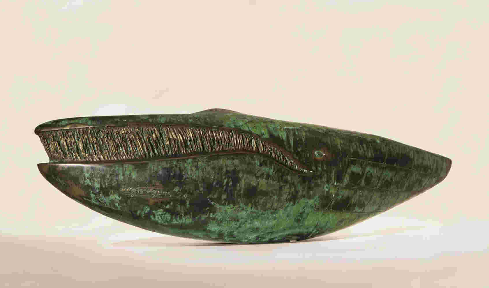 Surrealistic bronze green patina sculpture, half whale, half submarine