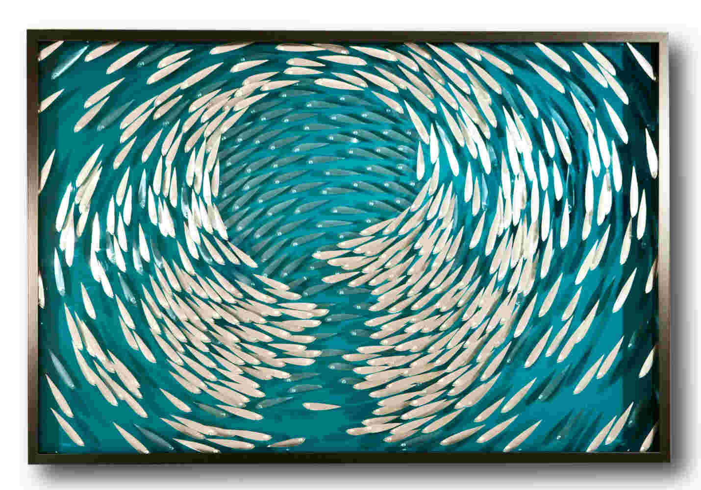 Three-dimensional wall sculpture, school of fish theme, made of aluminum and plexiglass