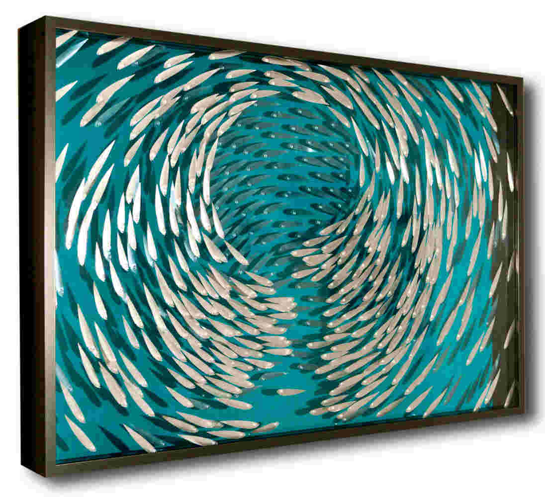 Three-dimensional wall sculpture, school of fish theme, made of aluminum and plexiglass