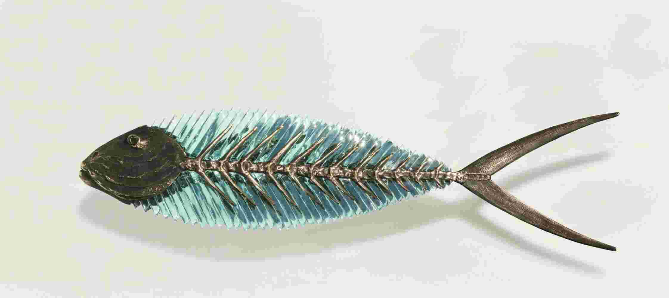 Cast bronze & glass sculpture of a fish. “Frozen Fish” collection