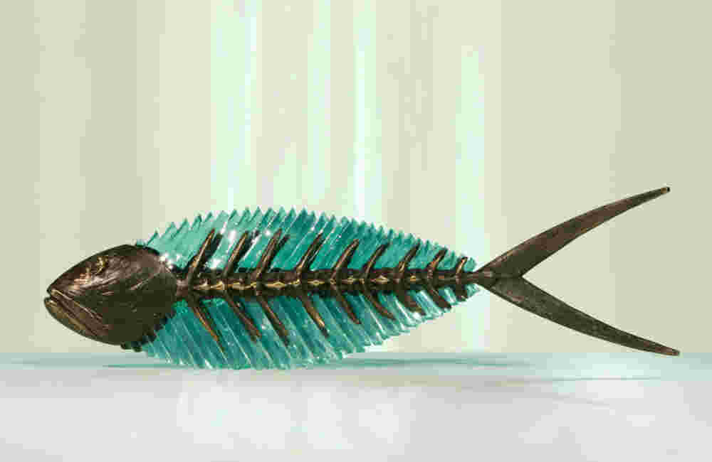 FGS 216 Cast bronze & glass sculpture of a fish. “Frozen Fish”.