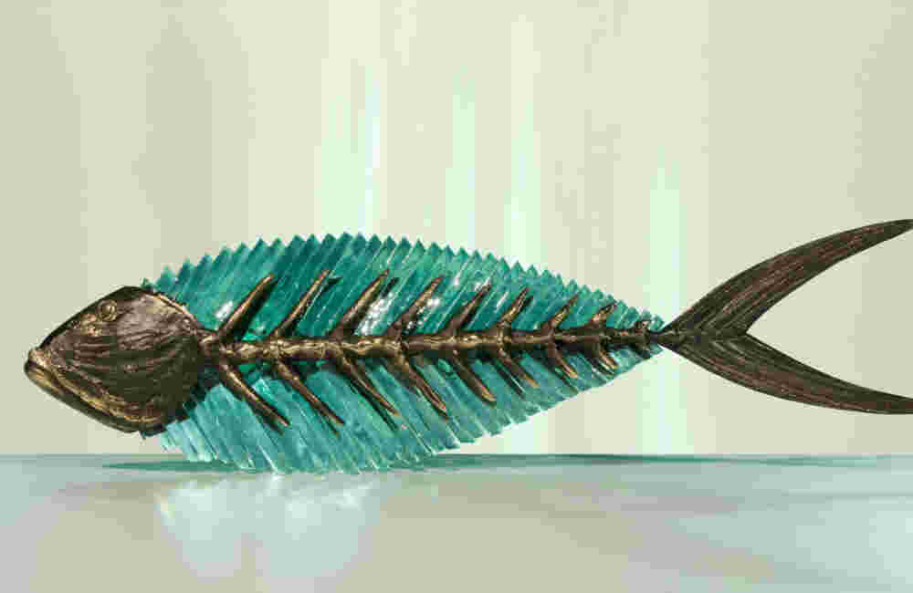 FGS 227 Cast bronze & glass sculpture of a fish. “Frozen Fish”.
