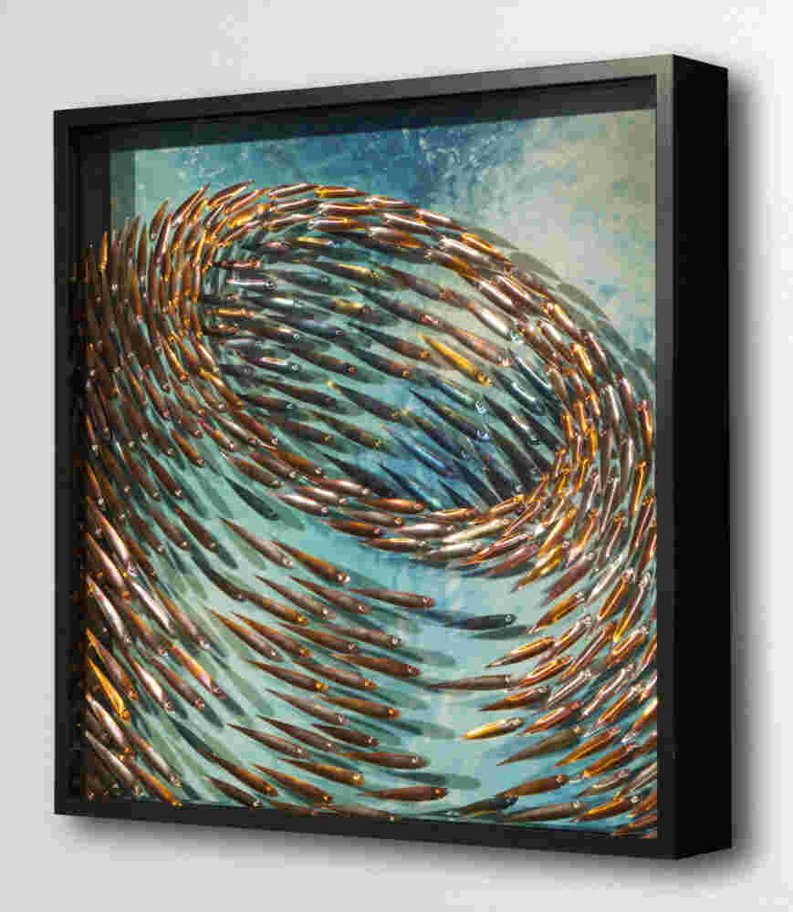 Three-dimensional wall sculpture, school of fish theme, with layers of plexiglass, aluminum frame and swirling copper fish.